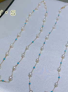 原创设计绿松石拼接珍珠项链毛衣链 加长男女可叠戴
