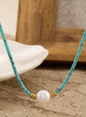 新中式绿松石淡水珍珠锁骨链女
