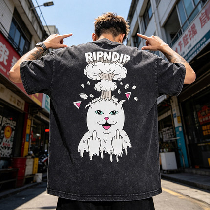 美国潮牌RIPNDIP贱猫中指猫纯棉短袖T恤恶搞风头脑爆炸男女情侣款