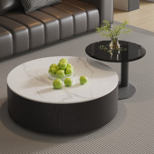 意式 简奢圆形实木岩板茶几极简家用客厅小户型现代简约茶几组合