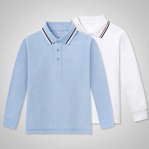 儿童浅蓝色纯棉polo衫男女童翻领小学生校服班服白色长袖T恤夏款
