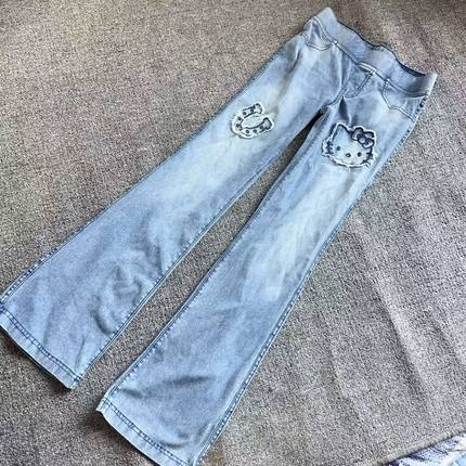 H家外贸出口欧美单女童儿童亲子HelloKitty浅色弹力牛仔裤喇叭裤