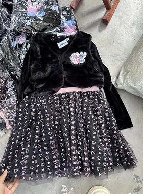 90-140码出口史迪奇女童儿童春秋季长袖连衣裙皮草马甲两件套装