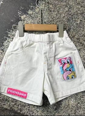 110-150码卡通小马白色儿童女童夏季休闲短裤牛仔裤