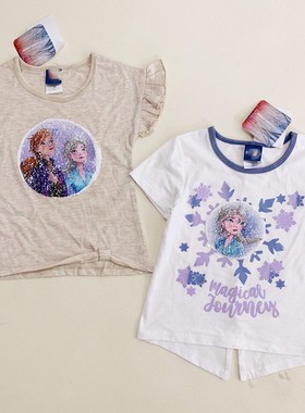 110-140码外单出口冰雪奇缘2卡通女童儿童双面变色亮片短袖T恤