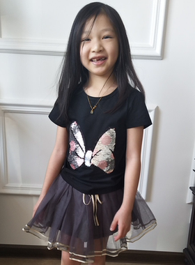 定制款120-150码黑色蝴蝶结双面变色亮片短袖T恤衫夏装上衣