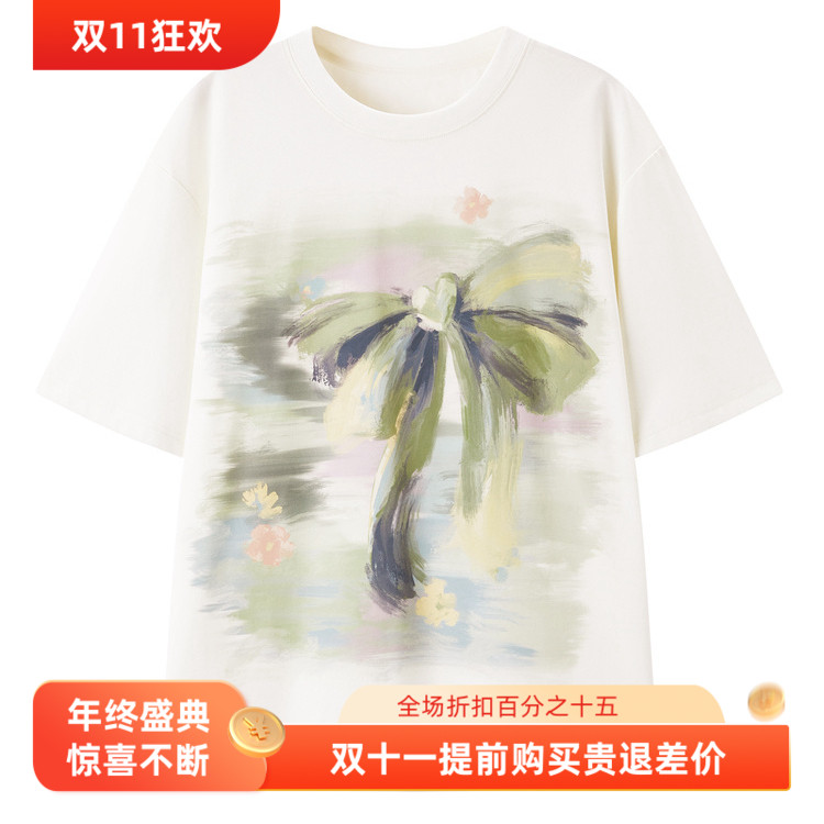 【商场同款】2024夏季新款甜美晕染蝴蝶结大版短袖T恤女C1CNE2405