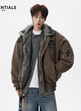 ESSENTIALS HOPE座山雕毛领棉服冬季潮牌十字架保暖棉衣复古外套