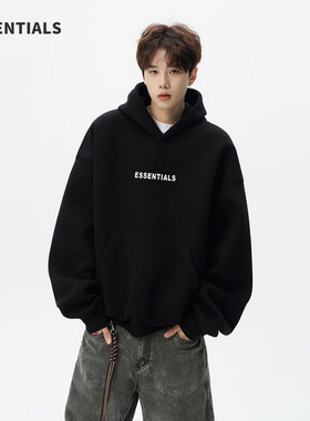 ESSENTIALS潮牌黑色连帽卫衣男冬季宽松重磅字母印花日常休闲上衣