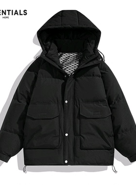 ESSENTIALS羽绒服男冬季加厚保暖连帽工装外套宽松休闲白鸭绒上衣