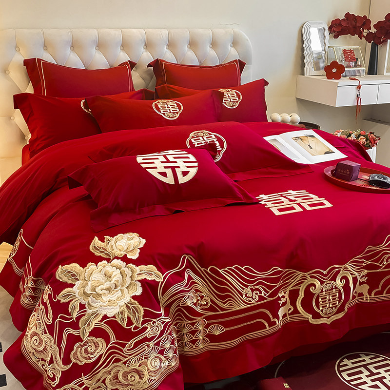 结婚四件套婚庆婚嫁喜庆大红色刺绣纯棉全棉婚房被套床单床上用品