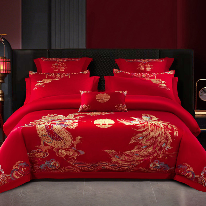 新婚红色婚庆全棉四件套龙凤大红色结婚床品喜庆被套床单床上套件