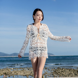 比基尼罩衫 三件套女夏海边度假游泳衣外搭镂空蕾丝针织沙滩防晒衣