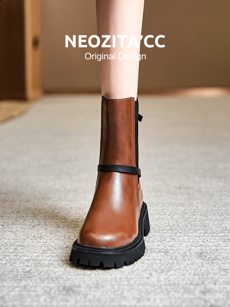 가죽 굴뚝 부츠 두꺼운 밑창 미드 송아지 마틴 부츠 2024 가을 신작 첼시 숏 부츠 영국 가을 겨울 여성 신발