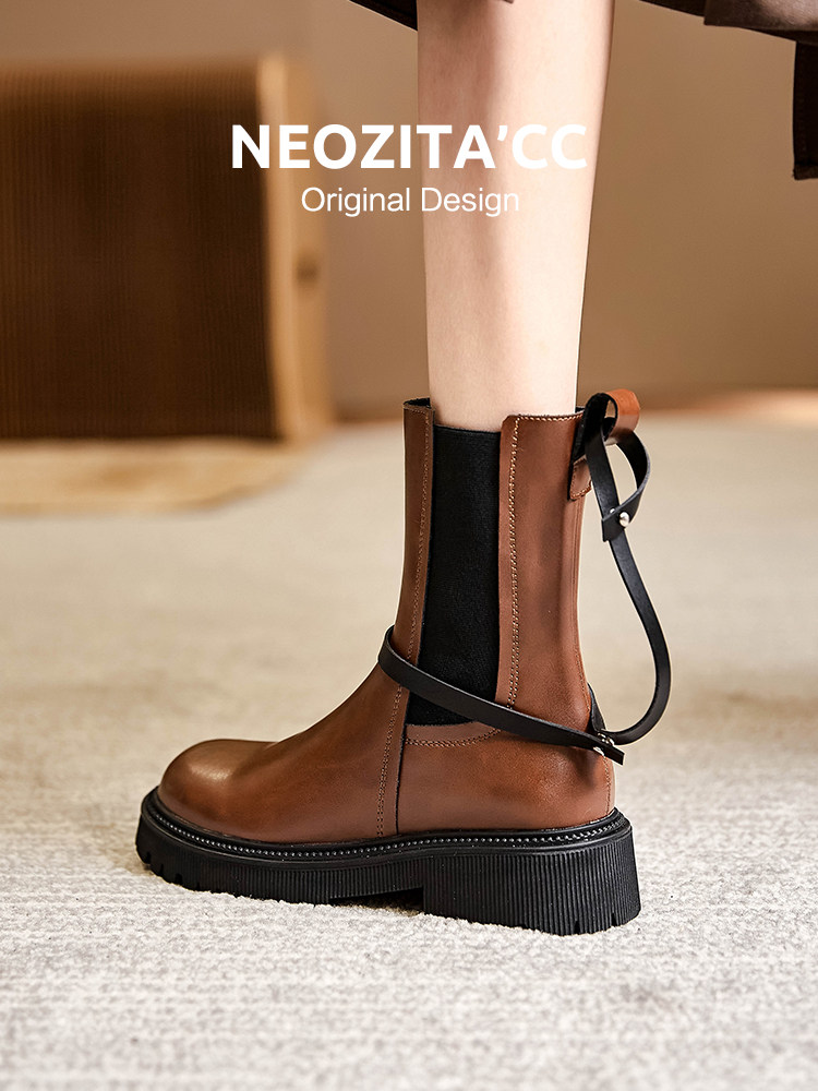 가죽 굴뚝 부츠 두꺼운 밑창 미드 송아지 마틴 부츠 2024 가을 신작 첼시 숏 부츠 영국 가을 겨울 여성 신발