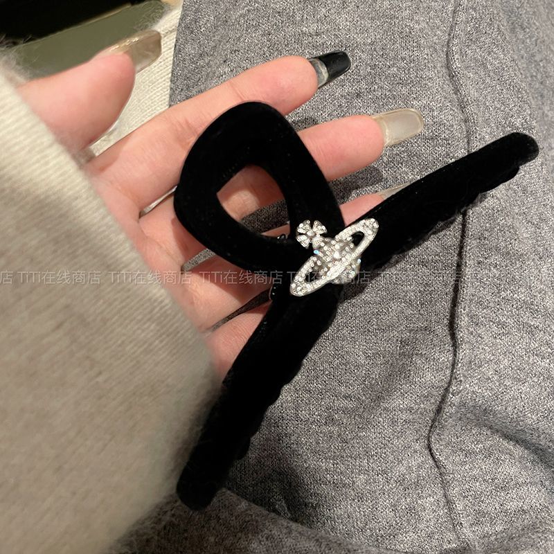 黑色植绒双面闪钻星球抓夹后脑勺盘发鲨鱼夹精致复古法式发夹女