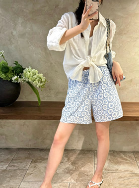 夏季小众设计师蓝白碎花短裤