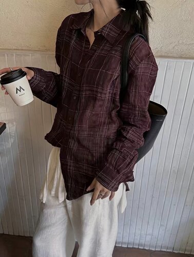 美式复古格纹亚麻长袖衬衫女