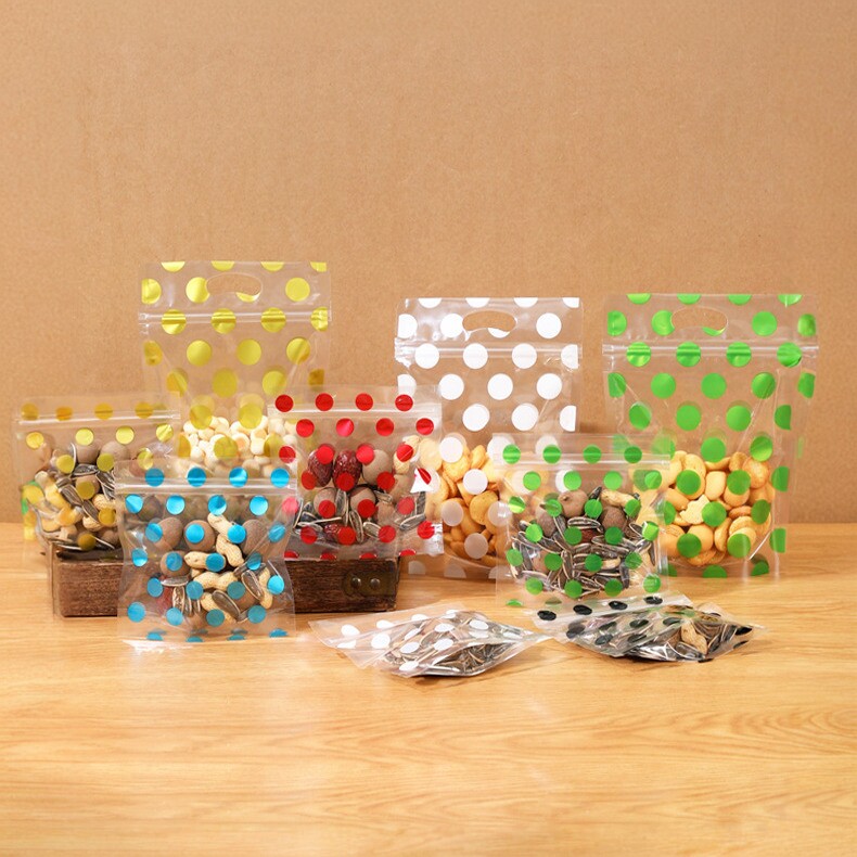 白色圆点自封袋透明拉链封口手提袋塑料食品自立袋彩色波点包装袋