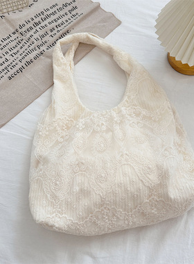 47241 韩系温柔风单肩包花边蕾丝背心包女学生上课书包逛街购物袋