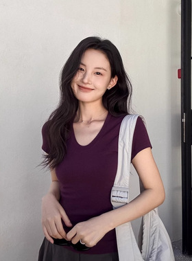 U领高弹基础款T恤 DIGM春夏爆款 极简修身显瘦正肩短袖T恤女60382