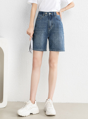 如果五分裤女夏牛仔裤女短裤宽松浅蓝色韩版高腰直筒裤热裤13027