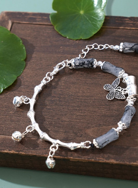 国潮复古古银竹节手串小清新铃铛