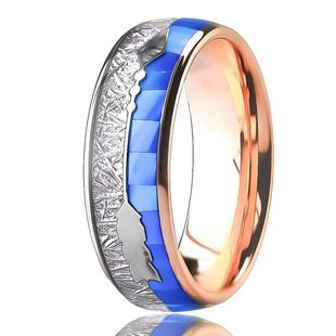 8mm 钨钢戒指电镀18K玫瑰金镶蓝色天然贝壳和陨石纹男士钨钢戒指