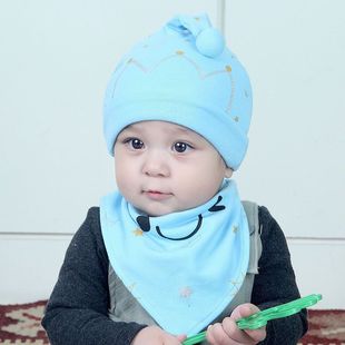 婴儿帽子围巾2件套3-6月春秋季套头帽1岁宝宝帽子三角巾套装秋冬
