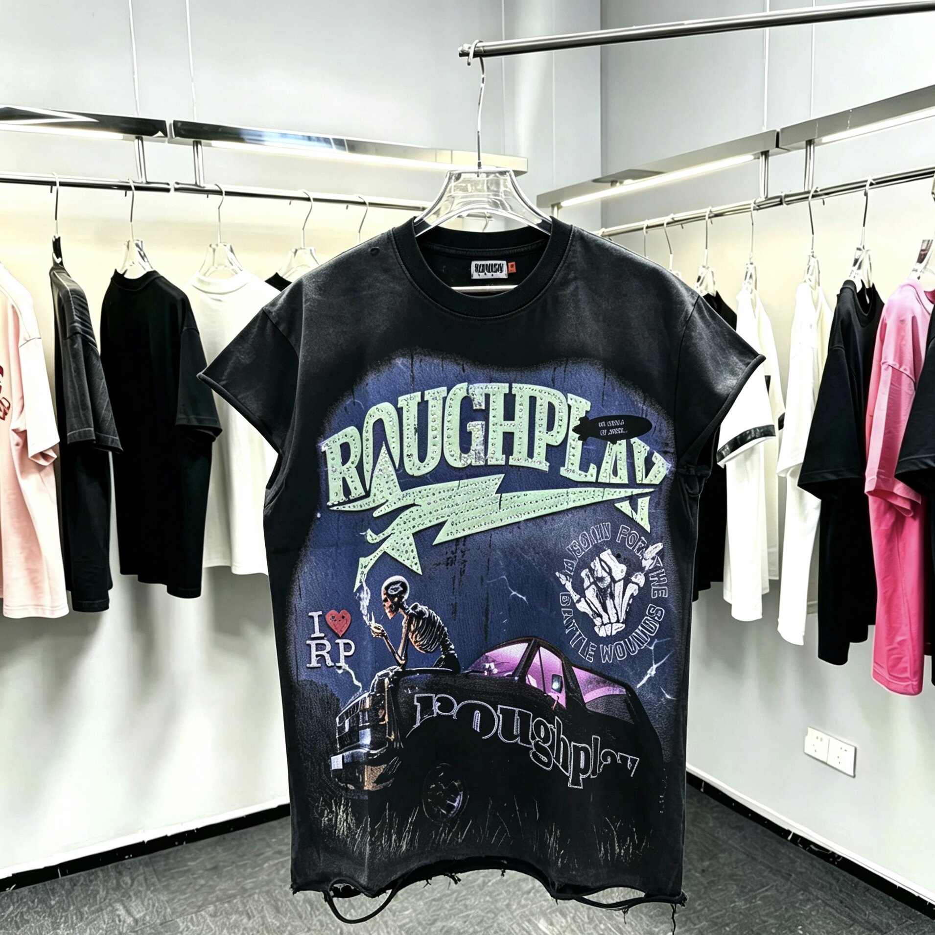 ROUGHPLAY水洗做旧破洞无袖背心美式复古骷髅汽车烫钻潮牌坎肩T恤