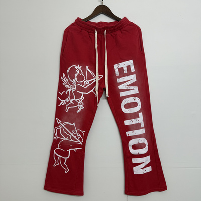 MIXEDEMOTION美式高街天使宝宝印花洗水做旧男女宽松微喇长裤卫裤