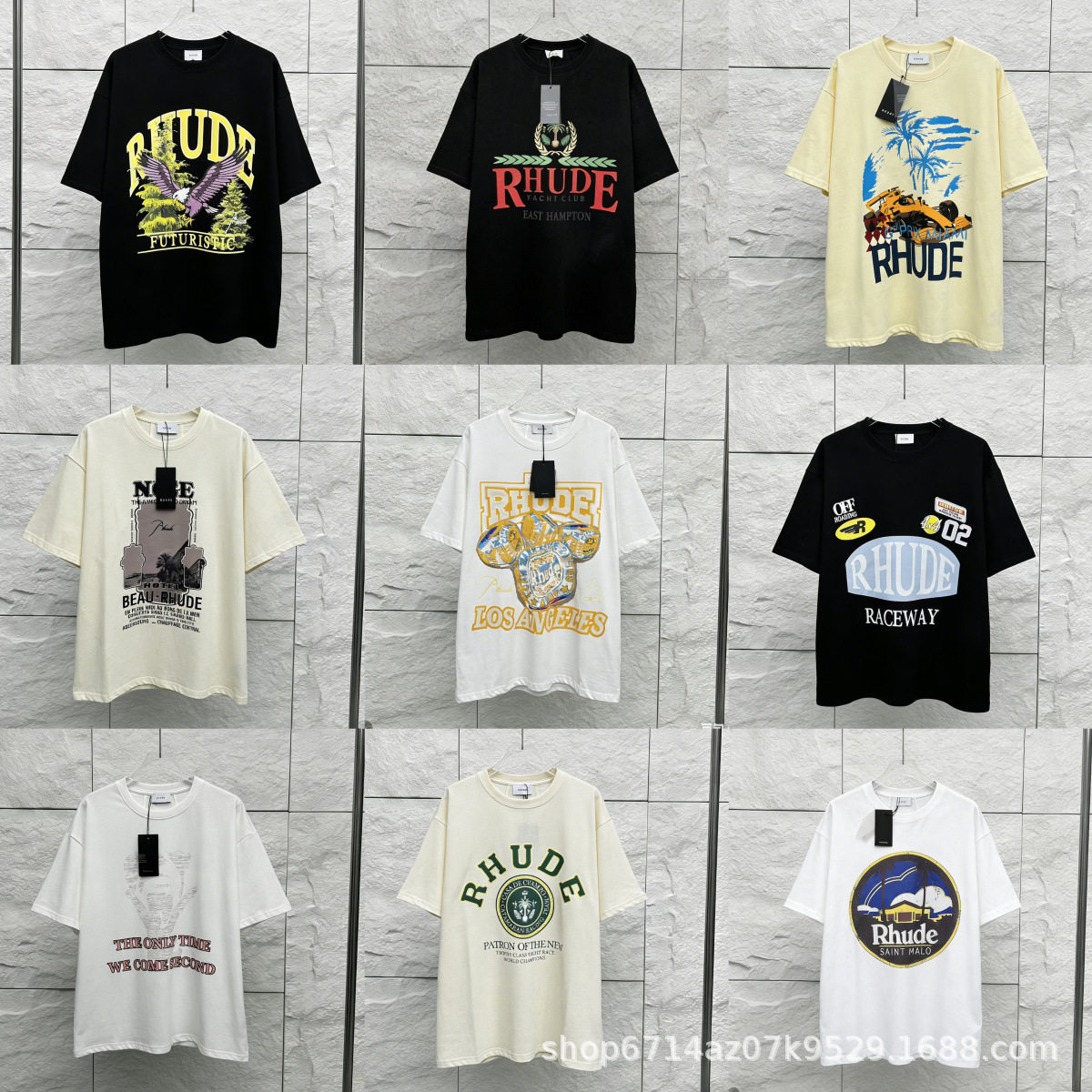 跨境专供美式潮牌RHUDE印花短袖T恤简约百搭男女宽松圆领上衣