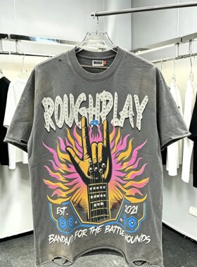 RoughPlay Rock手势吉他印花烫钻破洞做旧短袖复古洗水宽松T恤潮