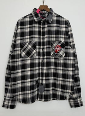 False Perception 25SS 日式高街潮牌缝补血牙万针刺绣黑格子衬衫