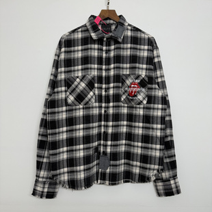 False Perception 25SS 日式高街潮牌缝补血牙万针刺绣黑格子衬衫