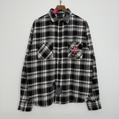 False Perception 25SS 日式高街潮牌缝补血牙万针刺绣黑格子衬衫