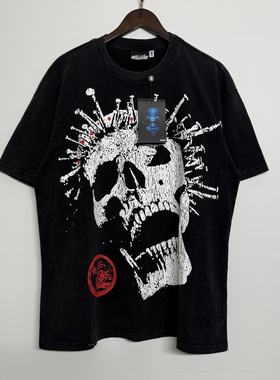 正确版hell地狱之星美式复古水洗做旧骷髅头印花短袖T恤男女同款
