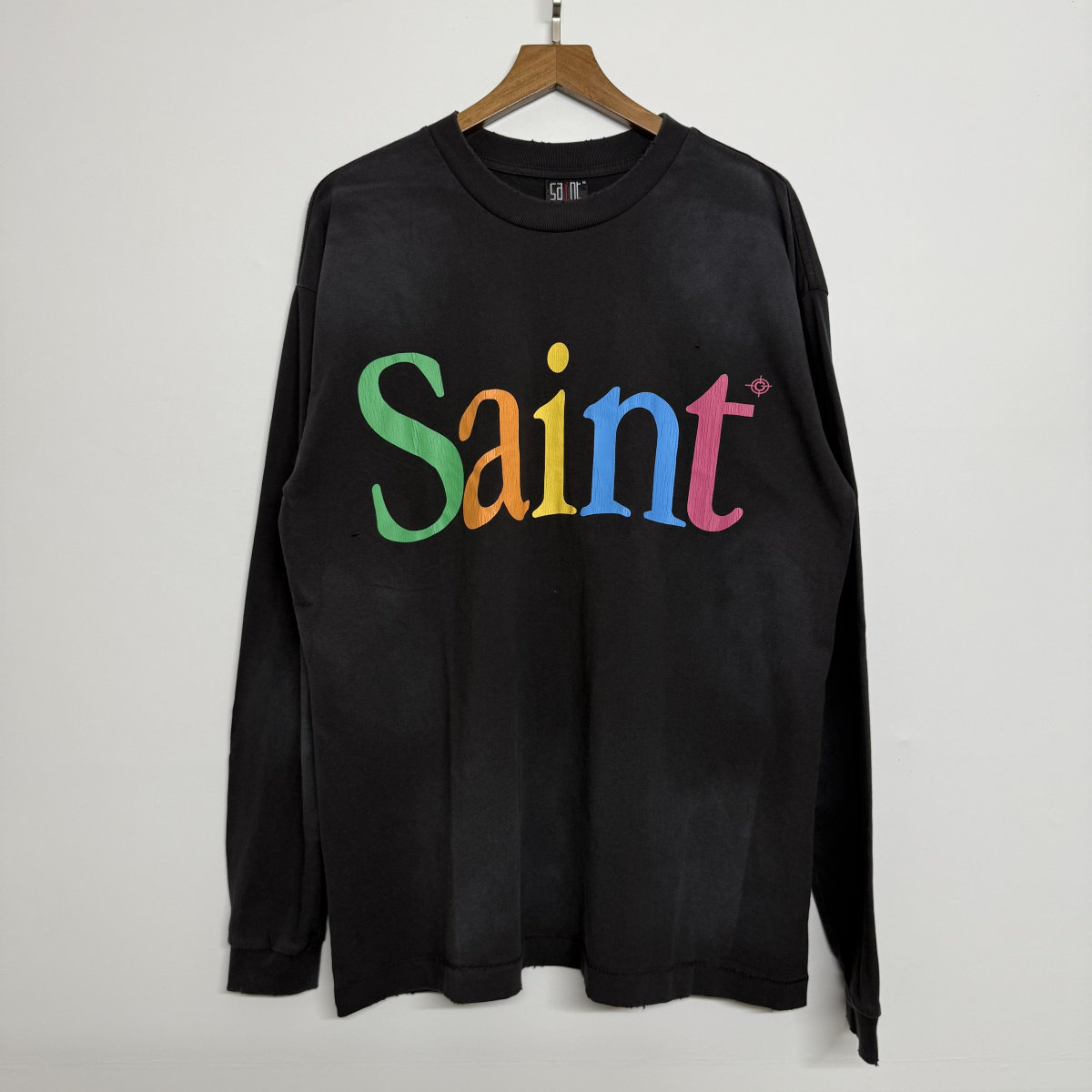 高版本SAINT美式复古彩色字母logo印花做旧情侣休闲宽松长袖T恤潮