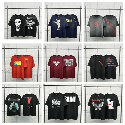 跨境专供高质量SAINT MICHAEL做旧水洗复古短袖T恤美式高街宽松