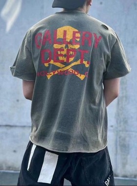 GALLERY DEPT骷髅口袋割烂破坏水洗做旧英文印花短袖t恤夏季男士
