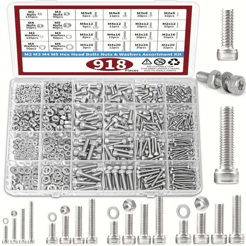 918PCS螺母螺栓垫圈分类套件M2 3 4 5内六角滚花头跨境热销组合装