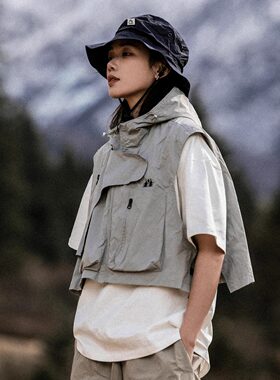 日系户外机能短款连帽马甲男潮牌复古情侣山系无袖坎肩多功能背心