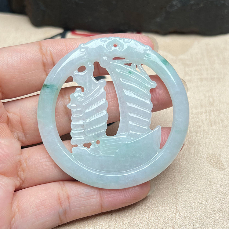 缅甸翡翠A货帆船吊坠玉佩冰润飘蓝花翡翠一帆风顺项坠挂件送证书