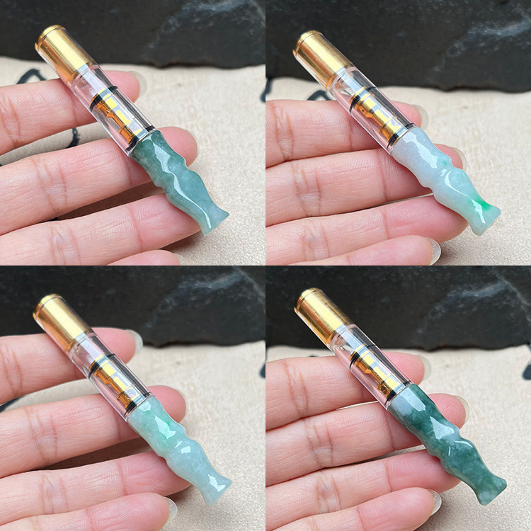 缅甸天然翡翠A货玉石烟嘴可清洗冰糯种飘花带绿节节高烟嘴送证书