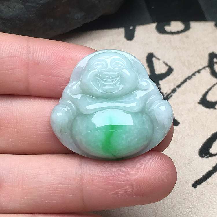弥勒笑佛阳绿翡翠玉佛吊坠保真缅甸A货冰糯种老坑佛公挂坠送证书