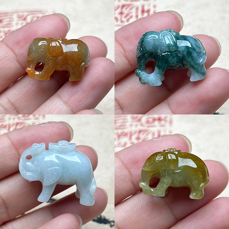 翡翠大象吊坠正品天然A货黄翡翠飘蓝花玉象玉坠立体小象玉佩挂件