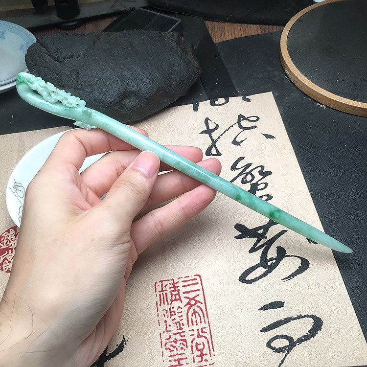 玉石寨玉器 老坑阳绿翡翠猴子偷桃发簪缅甸保真冰糯种A货发叉送证
