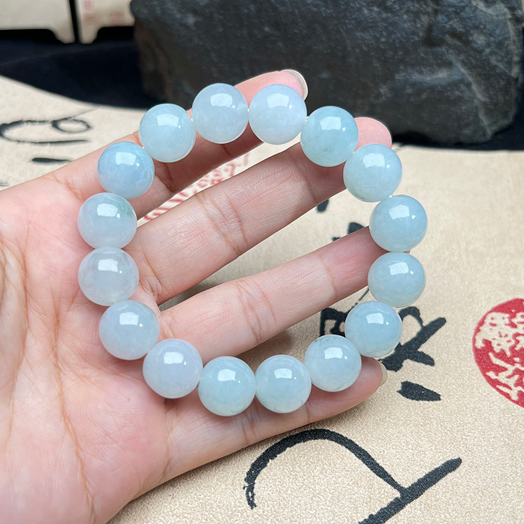 缅甸A货翡翠手串男款13MM飘蓝花