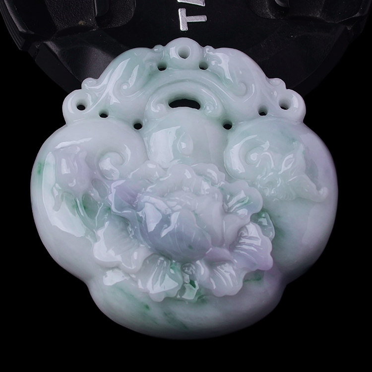 玉石寨玉器紫罗兰飘花翡翠牡丹花玉牌缅甸保真冰糯种老坑a货挂件