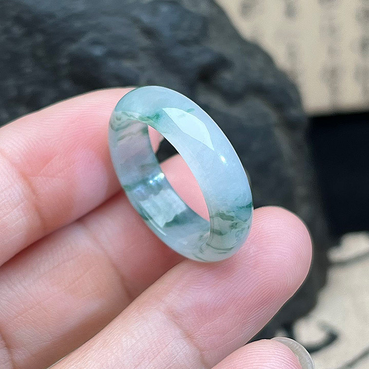 缅甸翡翠A货戒指18MM指环女款H老坑种飘绿花指圈男款玉戒圈送证书